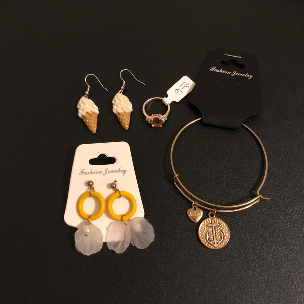 Fashion Jewelry Gold Tone Anchor Charm Bracelet, 2 Earrings and Ring
